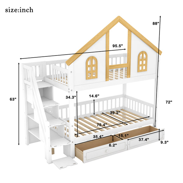Twin Size Wooden House Roof Bunk Bed with Window Door and Roof,Storage ...