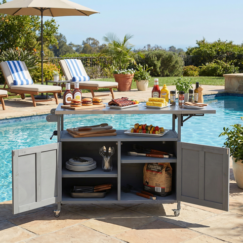 Outdoor Kitchen Island with Foldable Stainless Steel Top, Patio Mobile Kitchen Cart with Adjustable Shelves, Spice & Towel Rack
