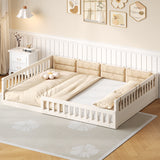 Full Size Upholstered Platform Bed Frame, Toddler Beds with Guardrail and Pillow, Beige-ModernLuxe