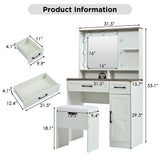 Farmhouse Makeup Vanity Desk with Mirror and Lights, 3 Lighting Modes, Vanity Set with Stool, Dressing Table with Adjustable Shelves,2 Drawers and Side Cabinet for Bedroom, White