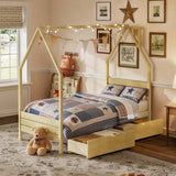 Twin Size Kid Platform Bed Frame House Bed Montessori Bed with 2 Storage Drawers & Headboard, Natural
