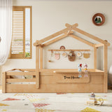 Twin Size Kids' House Floor Bed Frame, Roof Design with Guardrails & Built-in Tray