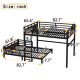 Queen over Queen Size Metal Bunk Bed with Detachable Platform Bed, Loft Bed, Black+Wood
