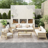 5-Piece Outdoor Patio Conversation Furniture Set, Acacia Wood & Wicker Sectional Sofa Group with Waterproof Cushions, Light Teak/Cream