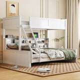 Twin XL Over Queen Bunk Bed with Storage Cabinets and USB Ports, Sturdy Pine Wood Construction