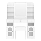 Vanity Desk with LED Mirror & RGB Light Cabinets, Glass Top Dressing Table Makeup Table with Drawers, Charging Station & Stool