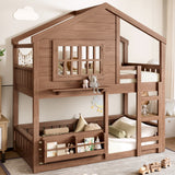 Twin Size Bunk Bed Loft Bed Kid Playful House Bed with Bookshelf & Safety Rail, Natural