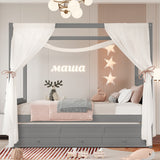 Twin Size Platform Bed Canopy Bed Frame with Upholstered Crown Headboard, Pull-Out Trundle & 3 Drawers
