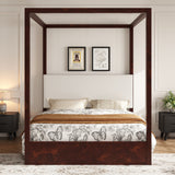Queen Size Canopy Bed 4-poster Platform Bed Frame with Upholstered Headboard, Espresso