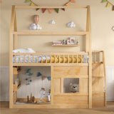 Full Size Loft Bed Wooden House Bed Frame, Built-in Shelf with LED Light & Safety Guardrails