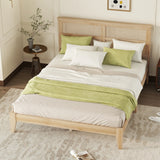 Queen Size Rubber Wood Platform Bed with Rattan Headboard, Bed Frame with Support Legs, Natural - ModernLuxe
