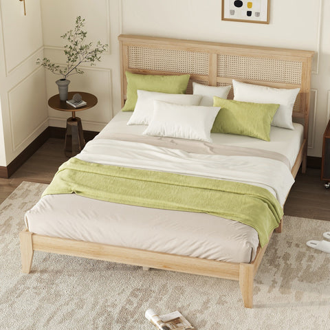 Queen Size Rubber Wood Platform Bed with Rattan Headboard, Bed Frame with Support Legs, Natural - ModernLuxe
