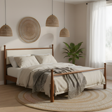 King Size Platform Bed Frame with Upholstered Headboard & Sturdy Solid Poplar Frame, Beige & Walnut