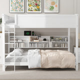 Queen over Queen Bunk Bed with Storage Shelves and USB Ports, White
