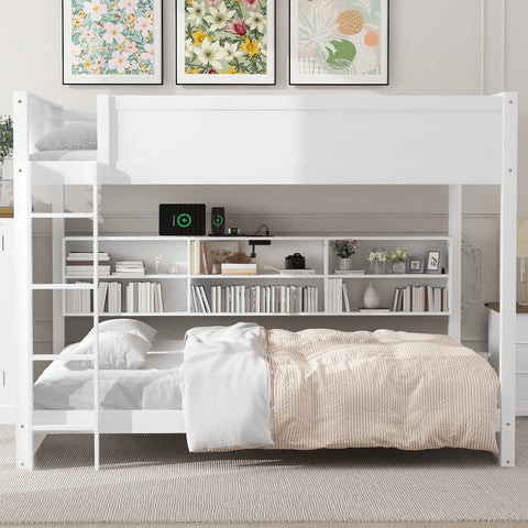Queen over Queen Bunk Bed with Storage Shelves and USB Ports, White