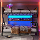 Full over Full Size Metal Bunk Bed with Storage Shelves & Lights, Noise-free Design, Black