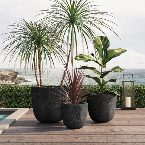 Set of 3 MGO Round Planters, Crackle Stone Textured Outdoor Flower Pots with Drainage & Rubber Plugs