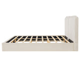 King Size Upholstered Bed Frame, Double-Pillow Platform Bed with Skin-Friendly Textured Fabric, Beige+Cream