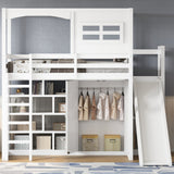 Twin Size Wood Loft Bed with Wardrobe, Storage Shelves, Slide & 7-Color LED Lights, Sturdy Pine/MDF Frame, White