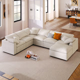 Sectional Sofa, 7-Seater Oversized Sofa with Movable Ottoman, Chenille Upholstered Modular Sofa Couch, Beige