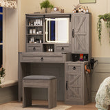 Farmhouse Vanity Table Set Vanity Desk Dressing Table Makeup Table Set with Stool, LED Mirror, Drawers and Charging Station, Gray