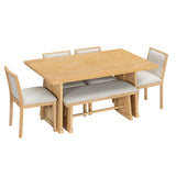 6-Piece Rustic Farmhouse Dining Set, Oak Veneer Dining Table with Trapezoid Legs, 4 Linen Upholstered Chairs+1 Bench