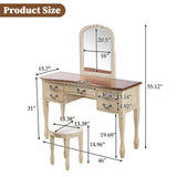 Vintage Makeup Vanity Dressing Table Vanity Desk with Curved Flower Frame Mirror, 5 Drawers & Matching Stool, Brown+Antique White