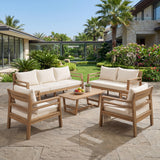 5-Piece Acacia Wood Outdoor Patio Sofa Set with Coffee Table, Patio Conversation Set with Beige Cushions, Light Teak Finish