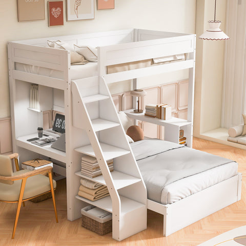 Twin XL over Full Bunk Bed with Desk & USB Ports, Loft Bed with Storage Shelves
