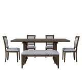 6-Piece Extendable Trestle Dining Table Set, Wood Kitchen Table with 17.7" Removable Leaf, 4 Upholstered Chairs & Bench