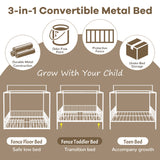 Twin Size 3-in-1 Convertible Montessori Metal Floor Bed, Fenced Toddler Bed, Canopy Platform Bed, White