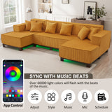 U-Shaped Sectional Sofa Upholstered Sofa Couch with Ligh t & 6 Pillows, Orange