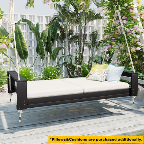 Twin Size Porch Swing Bed Daybed with Acacia Wood Frame and Hemp Ropes, 400lbs Capacity, for Garden and Backyard