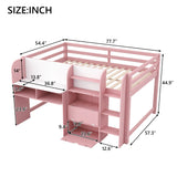Full Size Low Loft Bed with Built-in Desk, Storage Cabinets, Open Bookcase and Whiteboard for Graffiti