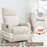 Heat Massage Recliner Chair, Manual Recline with Rocker and Swivel in Soft Fabric, 2 Side Pockets, Wood & Metal Frame, Beige