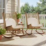 Outdoor Rocking Chair with High Arc Backrest & Cushion, PE Rattan Patio Rocker, Modern Wicker Lounge Chair, Beige, 2pcs