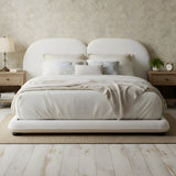 King Size Upholstered Platform Bed Frame with Thick Soft Headboard, White, Low profile