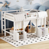 Full Loft Bed with Built-in Bookshelf, Cotton-Linen Curtain & Storage, Fairy Tale Cottage Loft Bed Frame, White