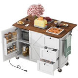 Farmhouse Kitchen Island with Power Outlet, Kitchen Storage Island with Internal Storage Rack, Drop Leaf, Spice Rack, Rolling Kitchen Cart on Wheels, for Home, Kitchen and Dining Room