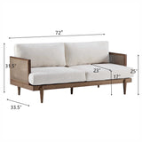3-Seater Sofa, 72"W Boucle Sofa Couch with Square Arm, Wooden Frame and Cane Rattan Decor, Walnut+Beige