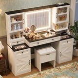 Farmhouse Vanity Desk Dressing Table with LED Light Mirror, Makeup Vanity Table w/ Glass Visual Desktop & Cushion Storage Stool, White