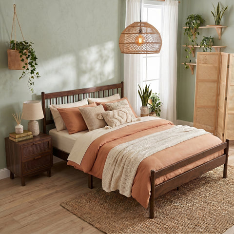 Queen Size Platform Bed Frame with Headboard and Footboard, Walnut