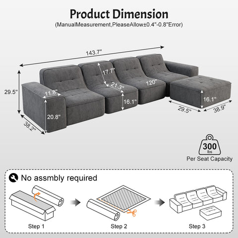 143.7" Modular Sectional Sofa Set with Removable Ottoman,Tufted Deep Seat Couch, Modern DIY Sparkling Chenille Sofa, Gray