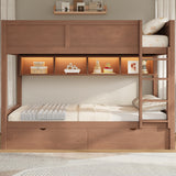 Bunk Bed with Storage Cabinets, LED Lights & 2 Drawers, Pine Wood Bed Frame, Full XL Over Full XL