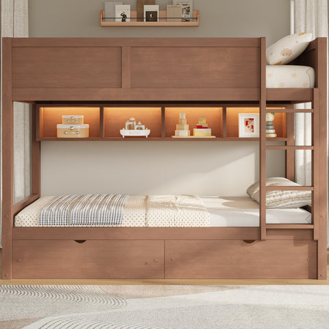 Bunk Bed with Storage Cabinets, LED Lights & 2 Drawers, Pine Wood Bed Frame, Full XL Over Full XL
