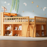Full Size Loft Bed with Built-in Shelves & LED Headboard Light