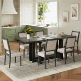 7-Piece Extendable Dining Set, 58"-82" Rustic Trestle Kitchen Table with 6 Upholstered Chairs & Two 12" Removable Leaves