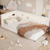 Upholstered Platform Bed Frame with LED Lights & USB Ports, Twin XL Linen Bed Daybed with Headboard