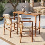 3-Piece Outdoor Acacia Wood Bar Set Patio Dining Set, Patio Counter Height Dining Table & Stools with Cushions, Natural