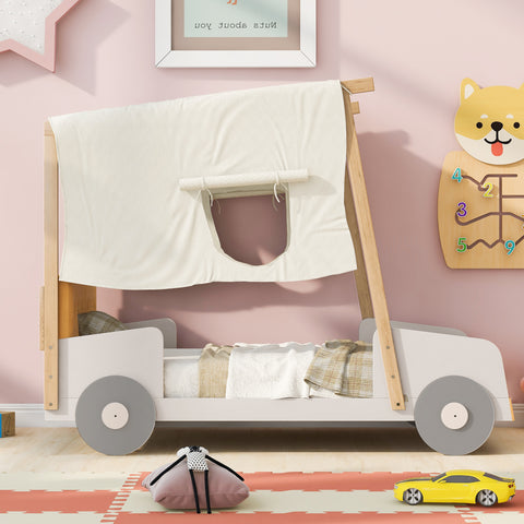 Wooden Twin Size Car Bed with Pillows, Ceiling Cloth and LED, Natural